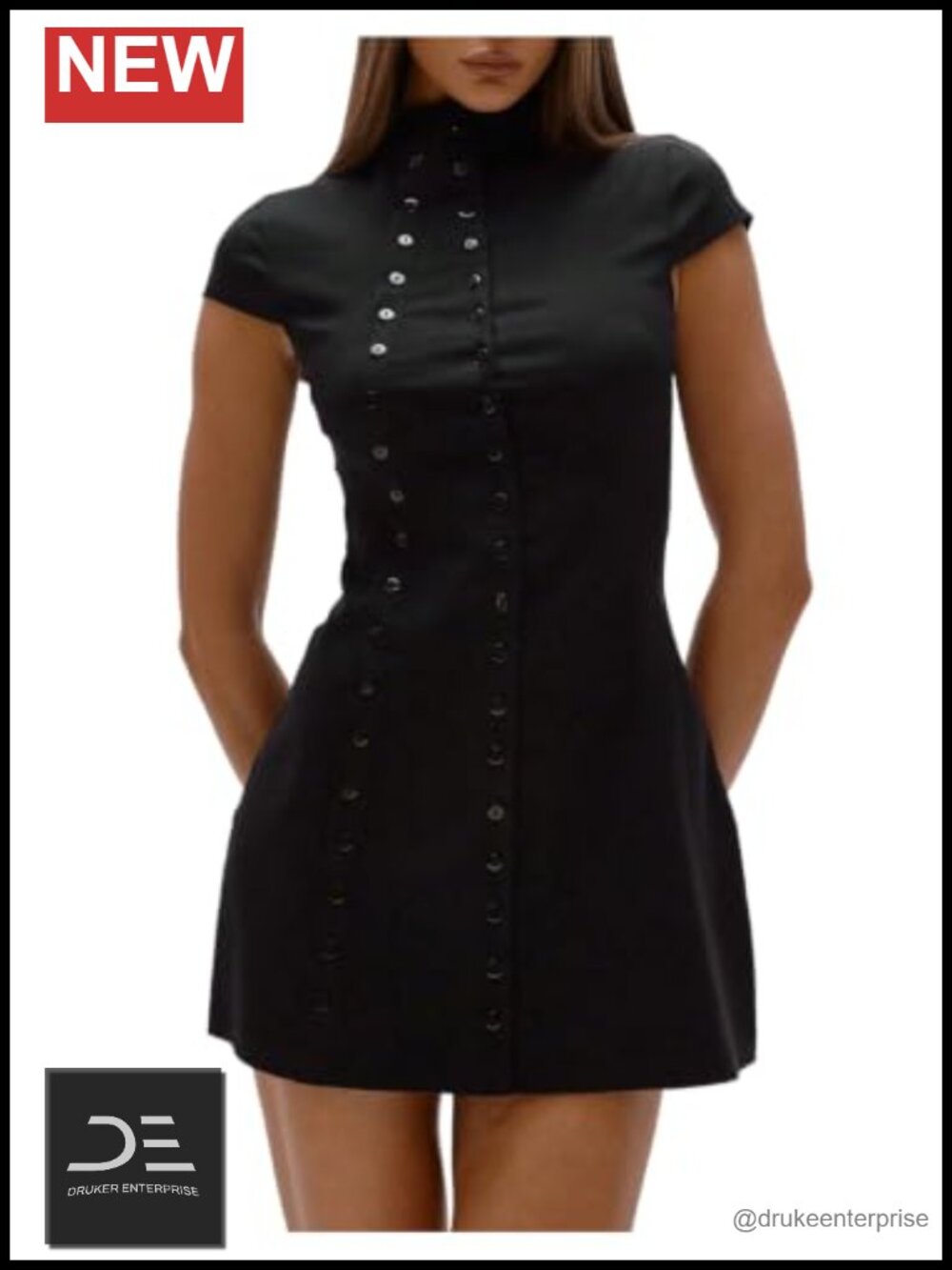 Y2K Mini Dress Double Button Cap Sleeve High Neck A-Line